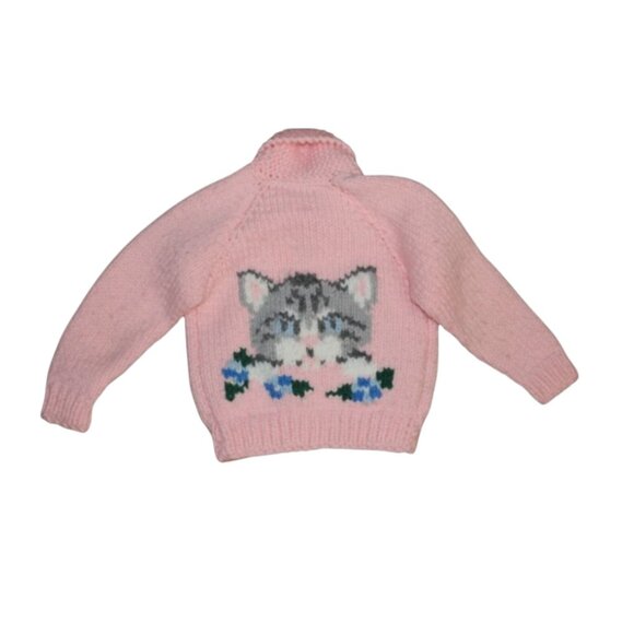 Vintage Handmade Zip Up Kitty Cardigan Pink Kitten Cardigan Girls 18-24 Month 2T - Picture 1 of 4